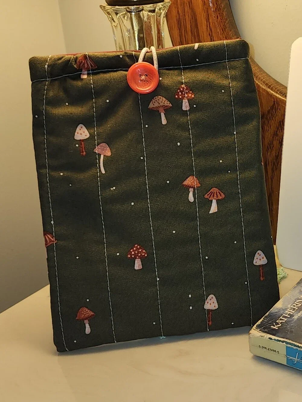 Handmade Kindle Sleeve with Mushroom Print - Olive Green